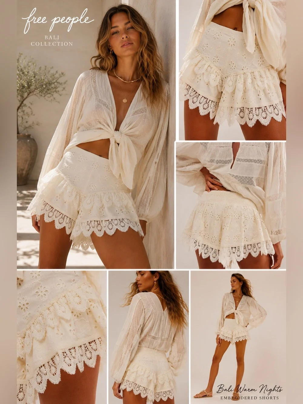 Free People Bali Warm Nights Embroidered Shorts Ivory Eyelet Lace M Western Boho